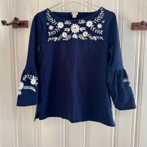 J. Crew Navy Top with White Floral Embroidery